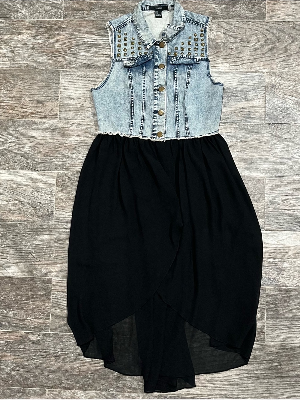 Studded Light Wash Denim Bodice Black High-Low Skirt Dress